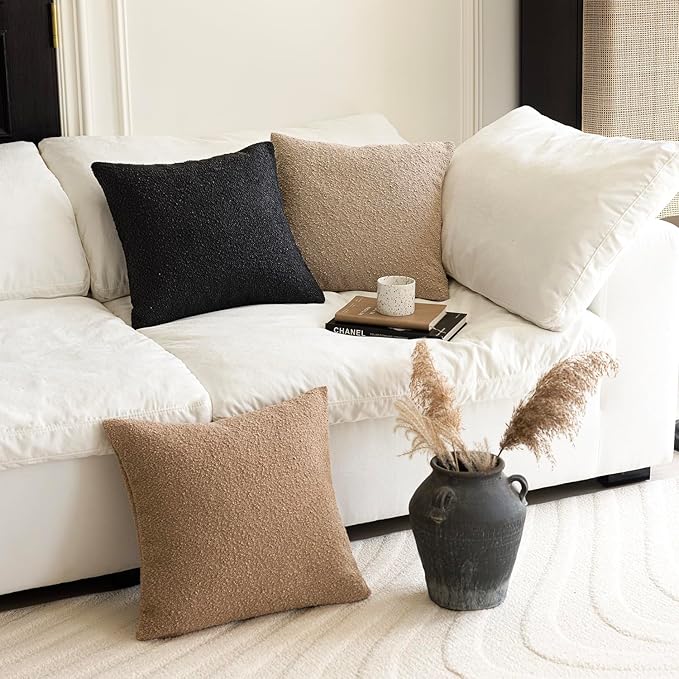 Foindtower Set of 2, Decorative Textured Boucle Throw Pillow Covers Accent Solid Pillow Cases Neutral Soft Cozy Couch Cushion Case for Chair Sofa Bedroom Living Room Home Decor 20 x 20 Inch Black