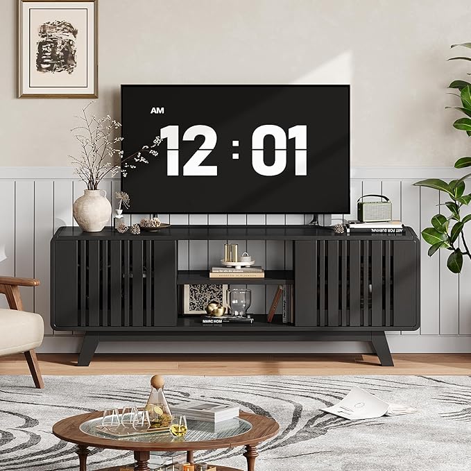 ONBRILL 63-Inch TV Stand for TVs up to 75 Inch, Mid-Century Modern Television Stand with Power Outlet, Entertainment Center with Sliding Grille Door Cabinets and Open Shelves for Living Room, Black