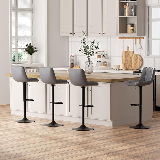 JAMFLY Bar Stools Set of 4, Swivel Bar Height Chairs Set of 4, Adjustable Tall Leather Bar Stools for Kitchen Island, Grey