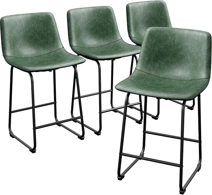 Bar Stools Set of 2, 26 Inch Counter Height Barstools with Back, Modern Faux Leather Bar Stool with Metal Legs and Footrest, Urban Armless Bar Chairs for Kitchens Island (Green)