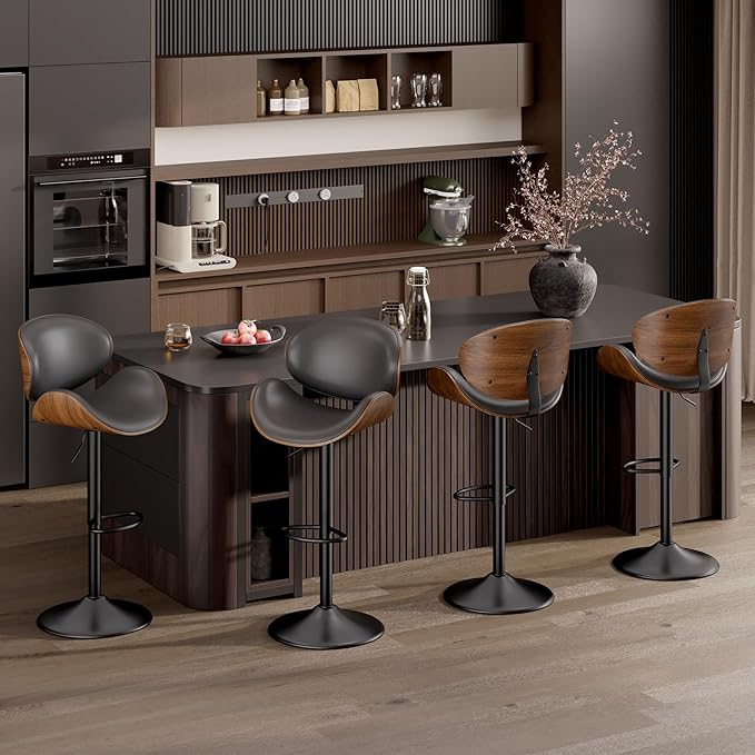 Swivel Bar Stools Set of 2, Seat Adjustable Height 23.5-32.5IN Bentwood Barstools with Back & Footrest, PU Leather Upholstered Counter Height Bar Chairs for Bar Kitchen, Grey&Brown