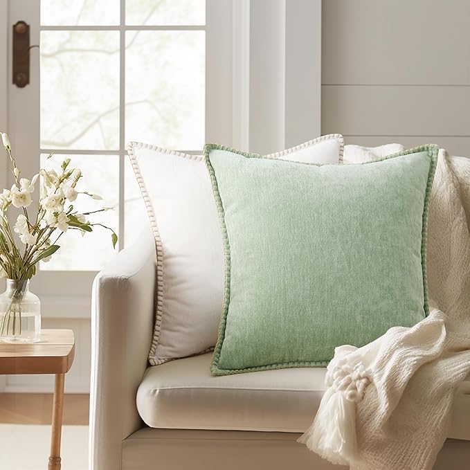 decorUhome Chenille Soft Throw Pillow Covers 26x26 Set of 2, Farmhouse Velvet Neutral Decorative Euro Pillow Covers with Stitched Edge for Couch Sofa Bed Home Decor, Sage Green