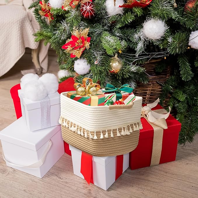 TeoKJ Woven Storage Bin Set of 3, Cotton Rope Basket for Storage, Clothes Boho Basket Bin for Organizing, Fabric Basket for Books, Plants, Pet Treats, White & Jute