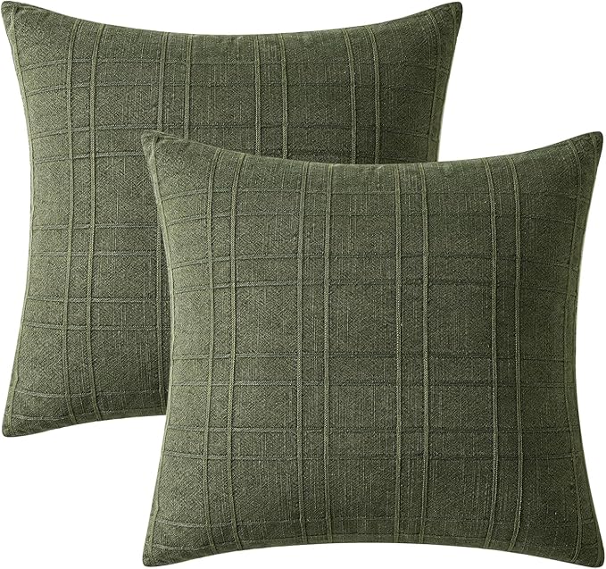 MIULEE Decorative Linen Check Throw Pillow Covers Neutral Farmhouse Vintage Christmas Pillow Covers 20x20 Set of 2 Boho Modern Home Decor for Sofa Couch Bedroom Cushion Dark Olive Green