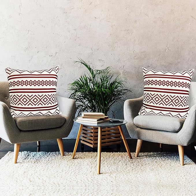 Decorative Throw Pillow Covers Set of 2 Wine Red Boho Pillow Covers 18x18 Inch Throw Pillow Cover Linen Pillowcase Modern Farmhouse Outdoor Pillow Covers for Couch Sofa Bed Living Room