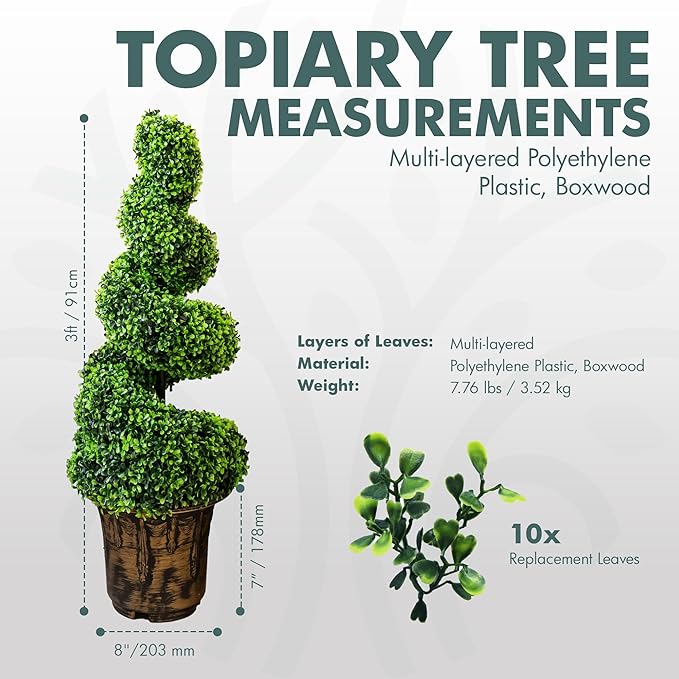 2-Pack Faux Boxwood Spiral Topiary Trees - 3ft Tall - Planter Included - Artificial Plants for Indoors or Outdoors - Realistic Dense Green Leaves with UV and Weather Protection