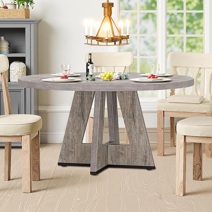 NicBex 47-Inch Round Dining Table for 4, Farmhouse Dinner Table Small Farmhouse Kitchen Tables with Wood Pedestal Base for Dining Room, Kitchen, Living Room, Gray