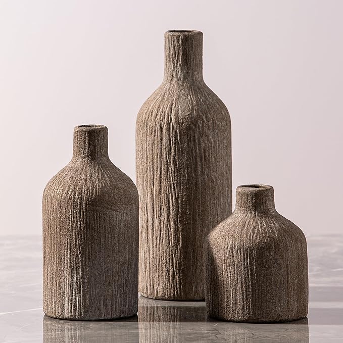 Ceramic Vase Home Table Decor - Brown Flower Vase Set of 3 Living Room Kitchen Decorations Farmhouse Modern Rustic Vases Decorative Centerpiece for Shelf Bedroom Office Bathroom Dining Coffee Desk
