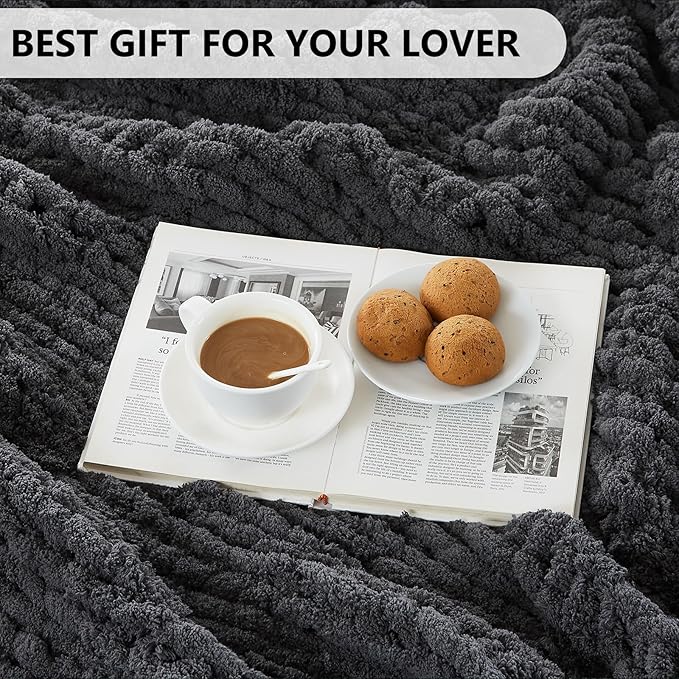L'AGRATY Chunky Knit Blanket Throw: 72''x84'' Chenille Chunky Knitted Throw Blanket for Bed Couch - Handmade Thick Big Cable Knit Blanket - Large Crochet Blankets for Home Decor(Dark Grey)