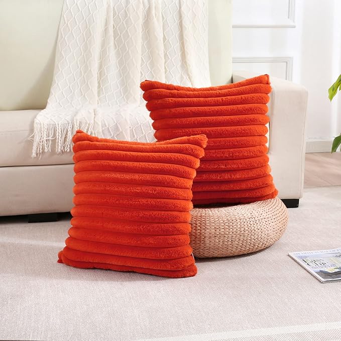 FUTEI Burnt Orange Striped Decorative Throw Pillow Covers 24x24 Inch Set of 2,Square Fall Decorations Couch Euro Pillow Case,Soft Cozy Faux Rabbit Fur & Velvet Back,Modern Home Decor for Bed