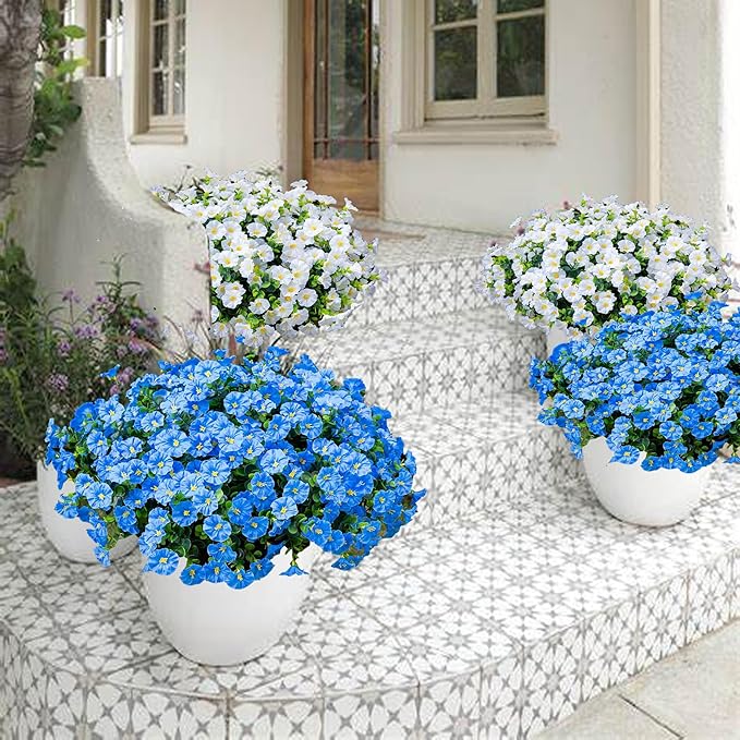 Artificial Outdoor Flowers 16 Bundles Fake Morning Glory Flower Outdoor UV Resistant Plastic Faux Flowers Plants for Decoration Indoor Outdoor Hanging Window Box Planter Home Porch Decor (White)