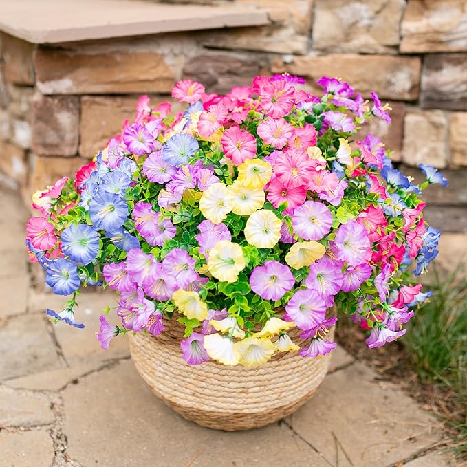 Artificial Flowers Fake Plants for Outdoors Decoration, 12 Bundles Silk Morning Glory with Eucalyptus Realistic UV Resistant Faux Flowers for Outside Planter Porch Yard Patio Garden Home Indoor, Mix