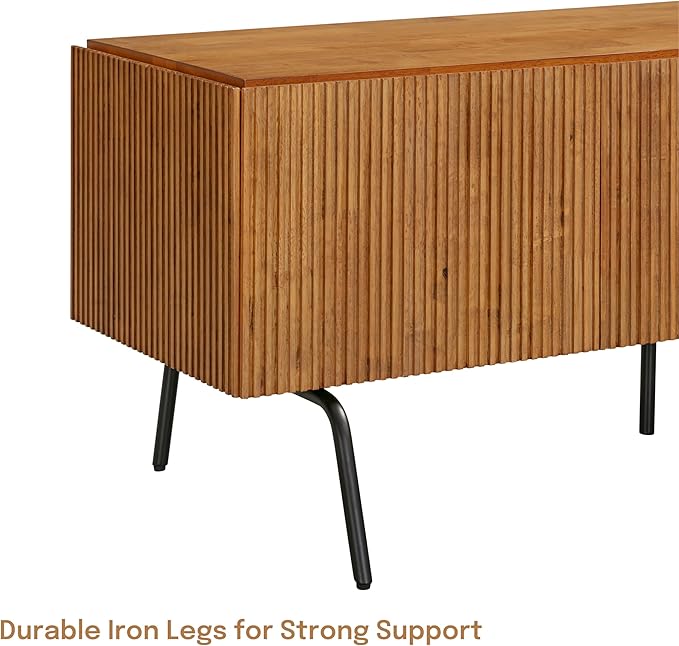 NTC Veil TV Stand with 3 Doors for TVs up to 60’’, Media Console with Vertical Groove Design and Metal Legs, Modern Entertainment Center for Living Room and Bedroom, Effortless Assembly, Teak Look