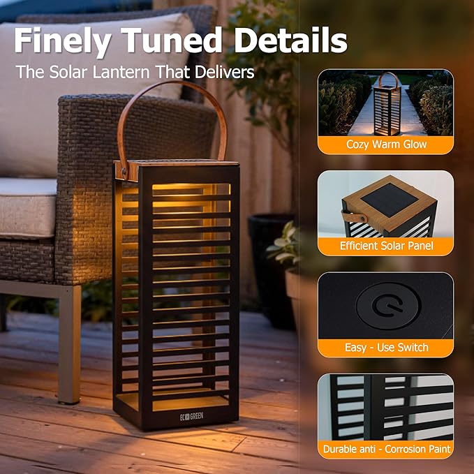 Solar Lantern with Handle - Outdoor Metal Solar Light (7.87×19.69"), Waterproof & Rustproof, 8H Auto-On Warm White Light, Portable for Patio, Porch, Balcony & Garden Decor (Black - 1 Pack)