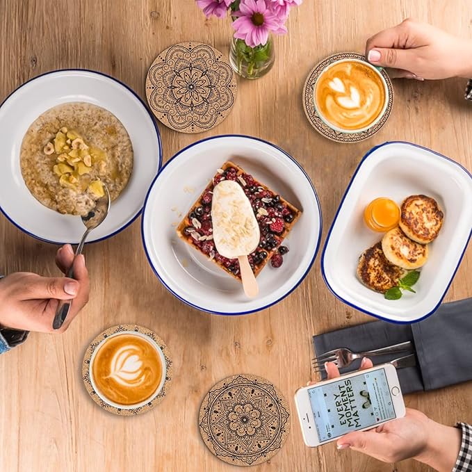 Coasters for Drinks 12 pcs Absorbent Cork Coasters with Flower Pattern Housewarming Gifts for New Home Present for Friends, Living Room Decor, Apartment Decor