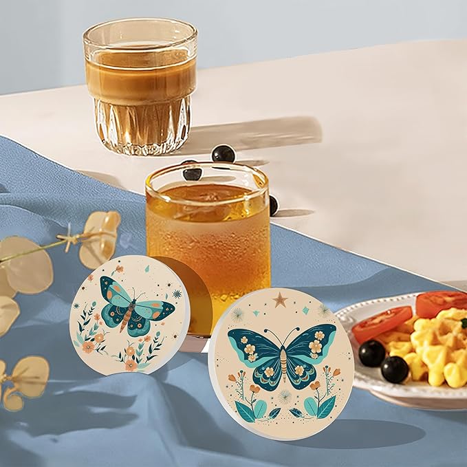 Coaster for Drinks Set of 6, Boho Butterfly Flower Absorbing Round Ceramic Stone Coaster with Cork Base,Tabletop Protection Mat for Mugs and Cups,Coffee Table Wine Glass Home Bar 4 Inch