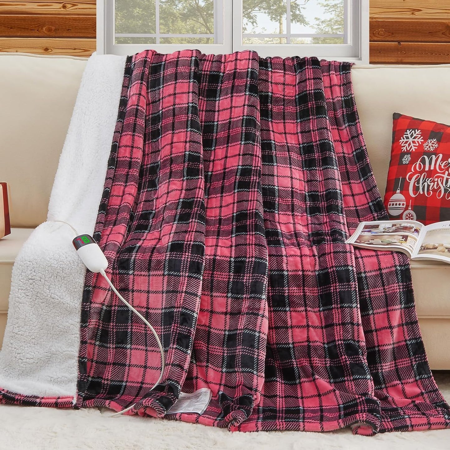 OCTROT Heated Blanket Electric, Twin Size 62X84, Heating Blanket with 10 Heating Levels & 8 Hours Auto Off, Pink Plaid Checkered Plaid Sherpa Blankets Warmer for Adults, Fast Heating Washable, ETL