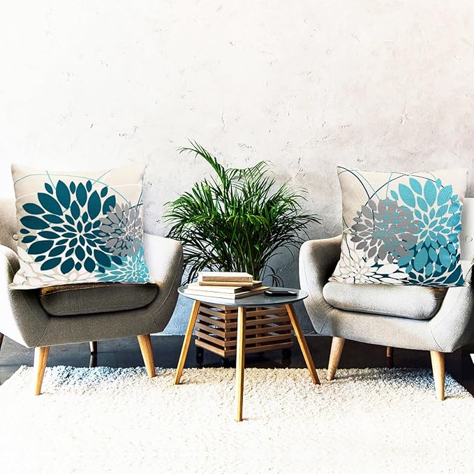 Teal Blue Decorative Throw Pillow Covers 16x16 Inch Pillow Covers for Couch Living Room Bedroom Outdoor.Modern Sofa Throw Pillow Cover.Farmhouse Geometric Floral Linen Square Pillow Case.Set of 2