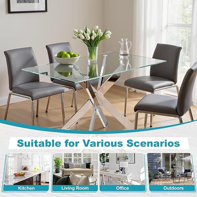 Dining Table for 4 Modern 47.2" Rectangular Glass Dining Table Kitchen & Dining Room Tables with Metal Base for Dining Room and Apartment, Silver