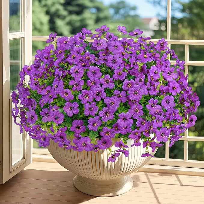 20 Bundles Artificial Flowers for Outdoors Decoration Fake Silk Flowers UV Resistant Faux Plants Artificial Daisy Eucalyptus for Spring Summer Garden Yard Porch Window Home Decor, Purple