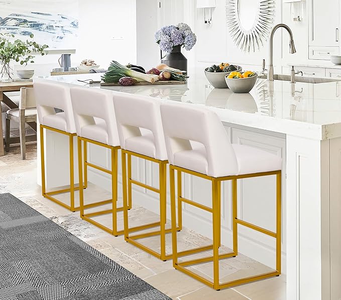 White and Gold Counter Height Bar Stools Set of 3 for Kitchen Counter Modern Bar Chairs with Backs for Kitchen Island with Upholstered Faux Leather Seat and Metal Frame, 26 Inch