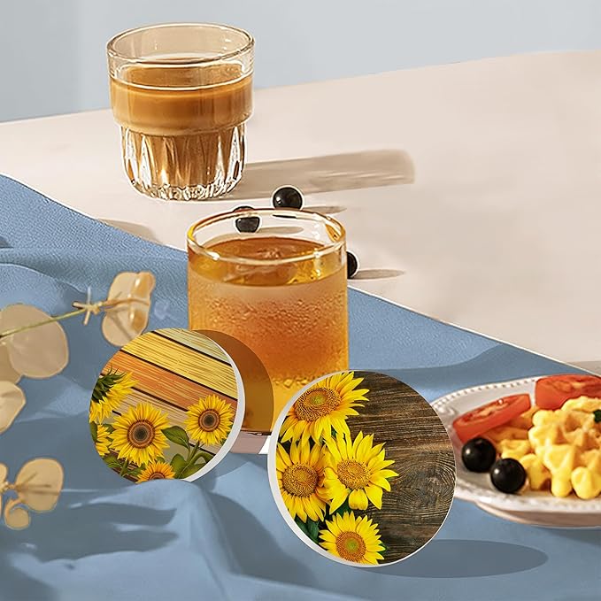 Table Coaster for Drinks Set of 6, Vintage Sunflower Wood Round Ceramic Coasters,with Cork Base and Metal Holder,Great Housewarming Birthday Gifts,Home Decor