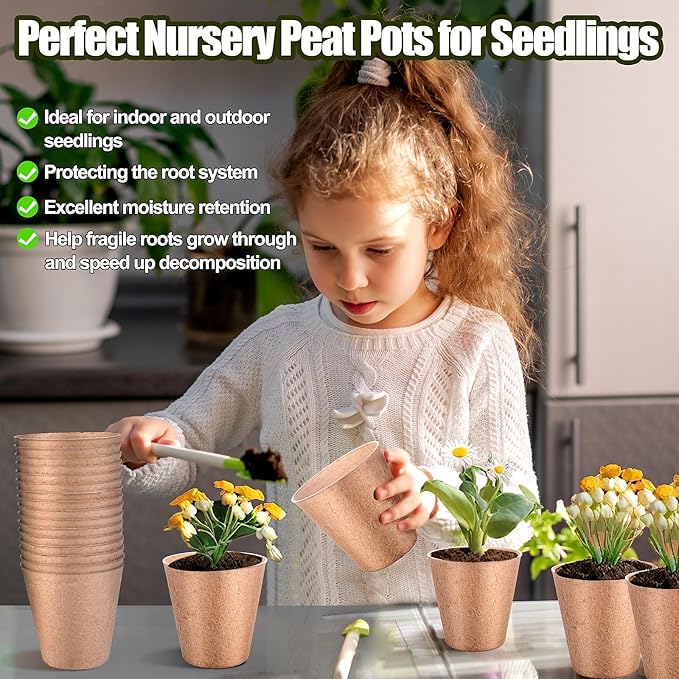 4 Inch Peat Pots, 50PCS Biodegradable Plant Starting Pots Round Nursery Pot, Garden Germination Nursery Pot Bonus 20 Plant Labels (4 Inch, 50P)