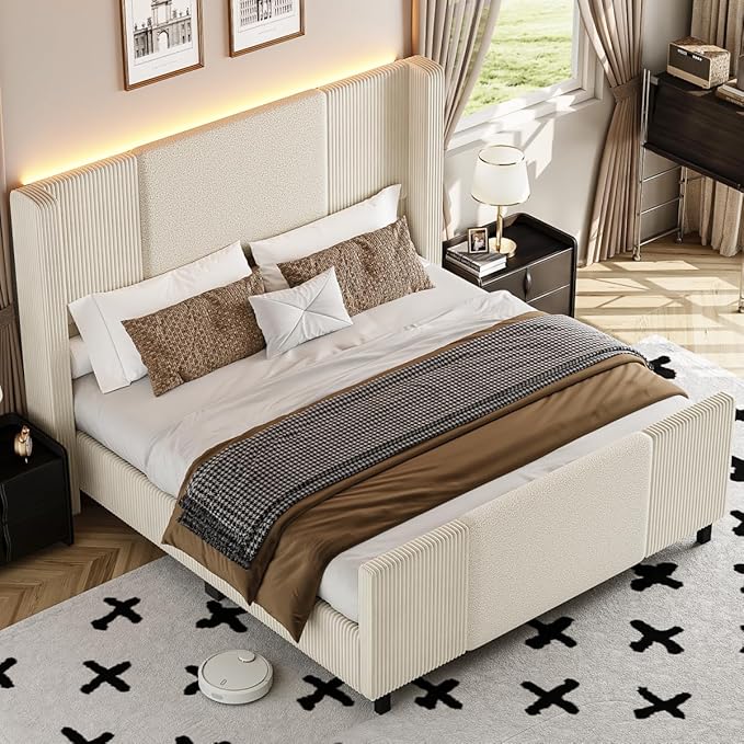 Queen Size Bed Frame with Tall Headboard and Footboard, Boucle and Corduroy Upholstered Bed Frame Queen with LED Lights, Modern Platform Bed Frames, Noiseless, Easy Assembly, Beige
