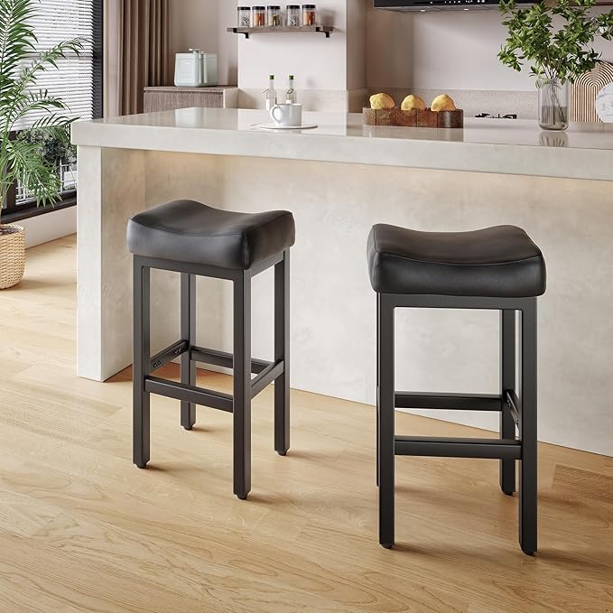29 Inch Bar Height Bar Stools Set of 2, 29" Barstools for Kitchen Island Counter, Backless Bonded Leather Bar Height Stools with Thick Saddle Seats & Heavy Duty Metal Base, Easy Assembly, All Black