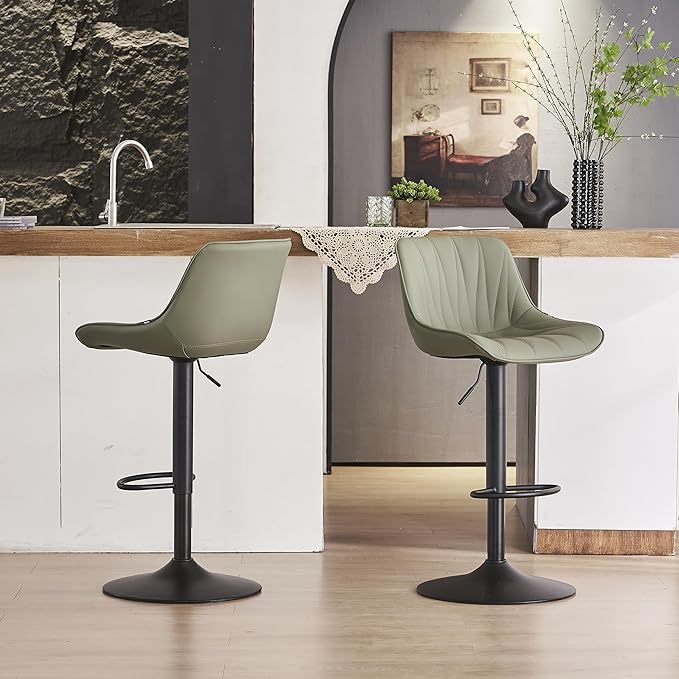 YOUNIKE Bar Stools Set of 2 for Kitchen Island, Olive Green Swivel Tall Bar Stools, Faux Leather Padded Barstools with Back, Modern Counter Height Bar Chairs with 300LBS Support
