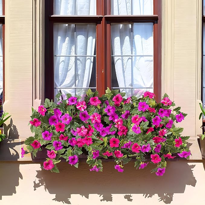 Artificial Faux Flowers Planter for Outdoor Decoration, 2PCS Fake Silk Petunias Flowers, No Fade UV Resistant Flower for Outside Garden Porch Yard Balcony Patio Realistic Indoor Decor(Fuchsia)