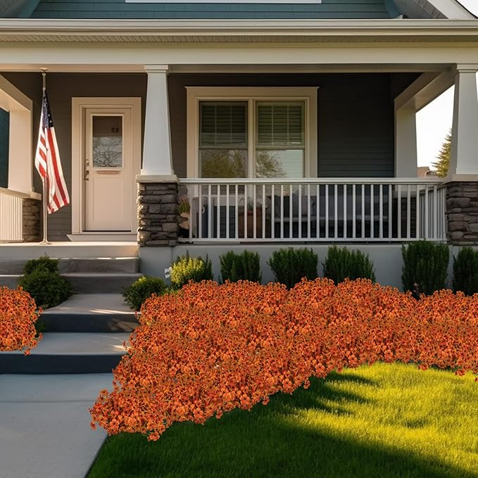 Lnoicy 12 Pcs Artificial Flowers for Outdoor,Plastic Flowers Decoration, UV Resistant Faux Flowers Shrubs, Artificial Plants for Indoor Outside Garden Home Wedding Farmhouse(Orange)