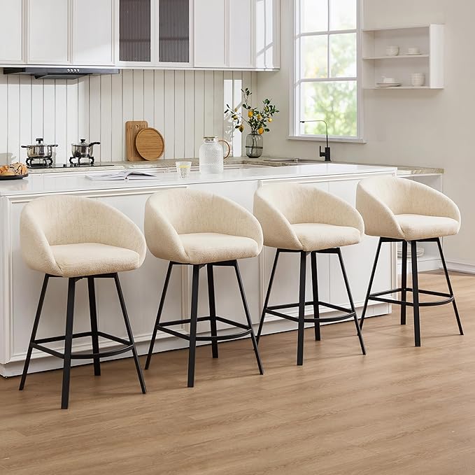 Zesthouse Swivel Counter Height Stools Set of 2, Modern Bar Stools for Kitchen Island, 26" Upholstered Kitchen Counter Height Barstools with Barrel Arms & Backs, Beige Linen Fabric Bar Chairs