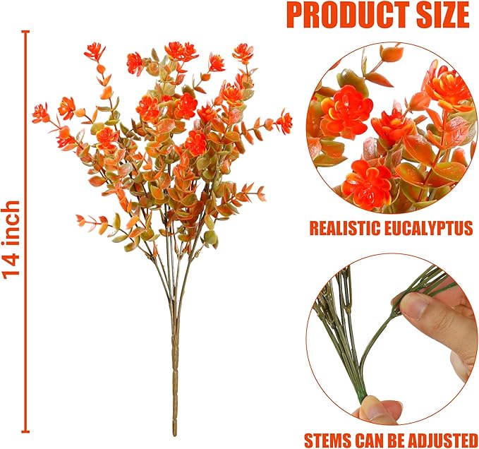 Sggvecsy 12 Bundles Artificial Flower Fall Eucalyptus Plants Fake Bushes Boxwood Shrubs Outdoor Greenery UV Resistant Faux Plastic Plants for Home Garden Indoor Fall Thanksgiving Autumn Decor (Fall)