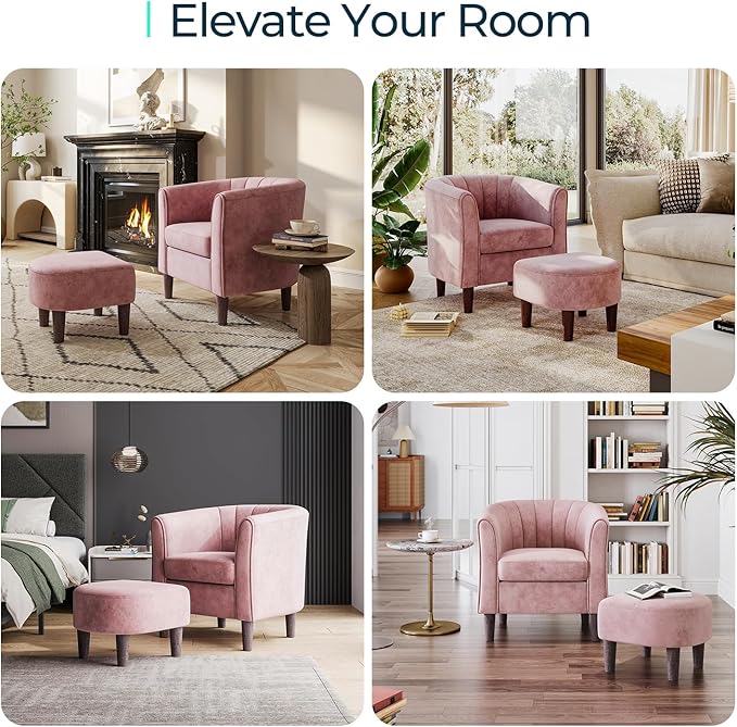 LINSY Accent Chair with Ottoman, Modern Barrel Chair Small Armchair Reading Chair with Footrest, Comfy Round Arms Chair for Living Room Bedroom Reading Room, Velvet, Pink