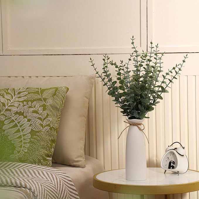 Vase with Greenery, 20pcs Artificial EucalyptusStems in White Vase, Boho Home Decor Plant, 19" Decorative Fake Plants for Home Farmhouse Mantle Centerpiece Decor
