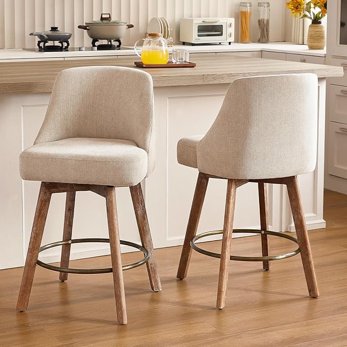 IWOOD Mid Century Modern Counter Height Bar Stools Set of 3,360° Swivel Barstools with Solid Wood Legs,26'' Island Chairs with Wrap-Around Backrest,Sand Linen Comfort Fabric