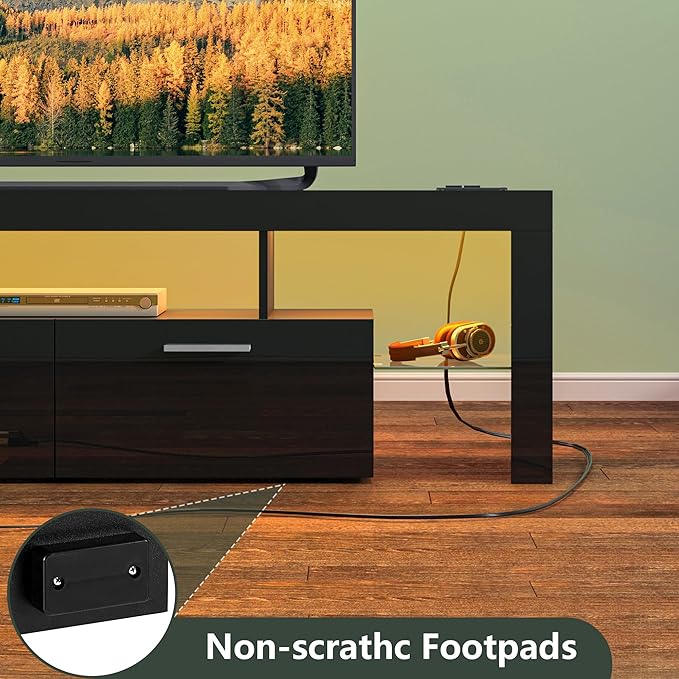 Clikuutory Modern LED Black 67 inch TV Stand with Power Outlet and Large Storage for 40 50 55 60 65 70 75 Inch TVs, Wood TV Console with High Glossy Entertainment Center for Living Room, Bedroom