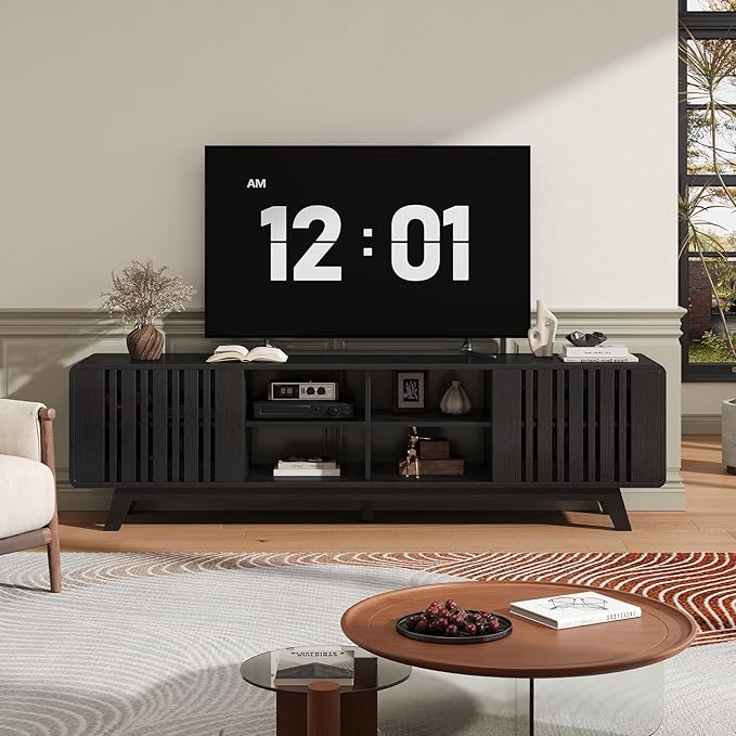 ONBRILL 70-Inch TV Stand for TVs up to 80 Inch, Mid-Century Modern Television Stand with Power Outlet, Entertainment Center with Sliding Grille Door Cabinets and Open Shelves for Living Room, Black