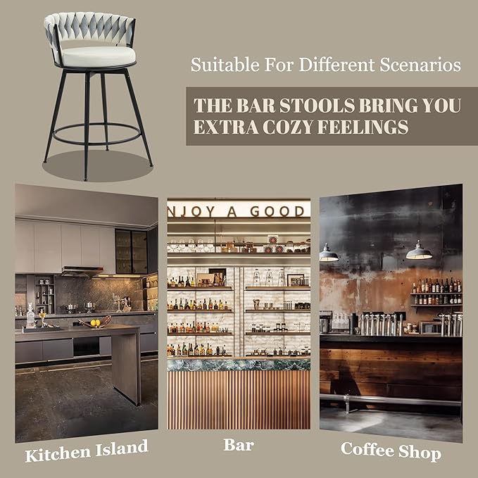 Swivel Bar Stools Set of 2, 24 Inches Modern Counter Height Bar Stools with Woven Back, White Leather Upholstered Suede Tall Barstools for Kitchen Island, Cafe