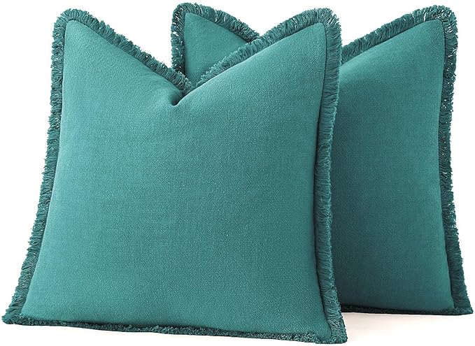 MIULEE Decorative Throw Pillow Covers Neutral Linen Fringe Throw Pillows Set of 2 Teal Boho Farmhouse Cushion Covers with Tassels for Couch Sofa Bed Living Room Spring Home Decor 18x18 Inch