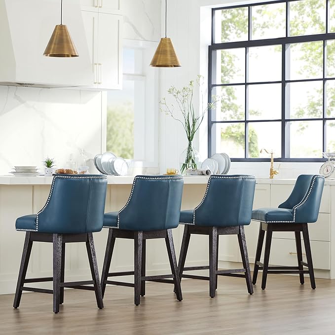 CHITA Counter Height Swivel Bar Stools Set of 2, FSC Certified Upholstered Counter Stools, Modern Swivel Barstools with Wood Legs for Kitchen Island, 26" Seat Height, Faux Leather in Blue