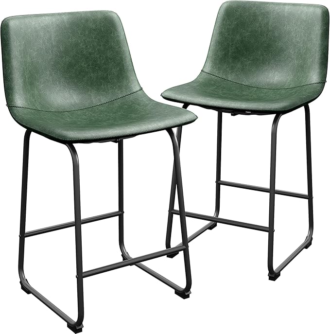 Bar Stools Set of 4, 26 Inch Counter Height Barstools with Back, Modern Faux Leather Bar Stool with Metal Legs and Footrest, Urban Armless Bar Chairs for Kitchens Island (Green)