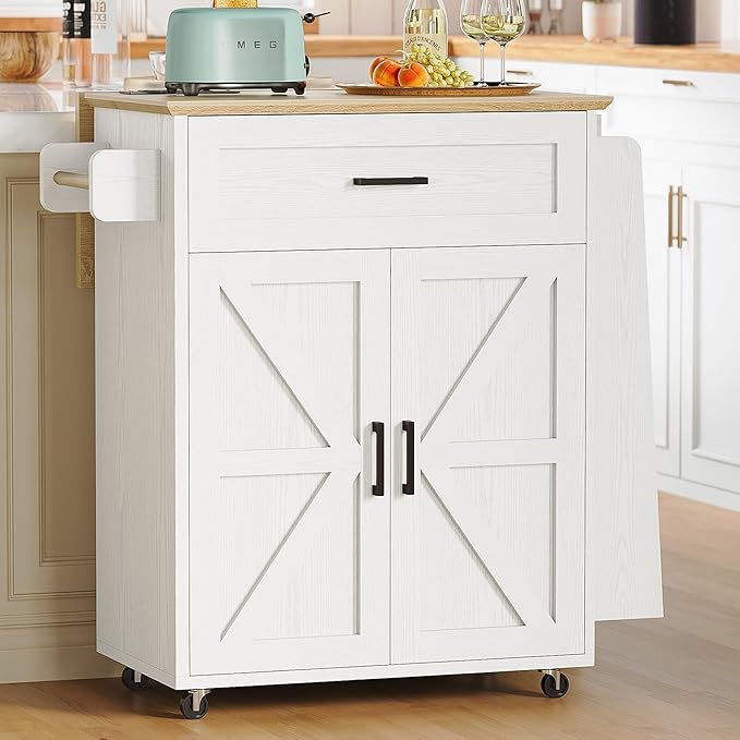 IRONCK Kitchen Island Table with Storage, Rolling Kitchen Cart with Power Outlet, Storage Cabinets on Wheels with Drop Leaf, Portable for Dining Room, White