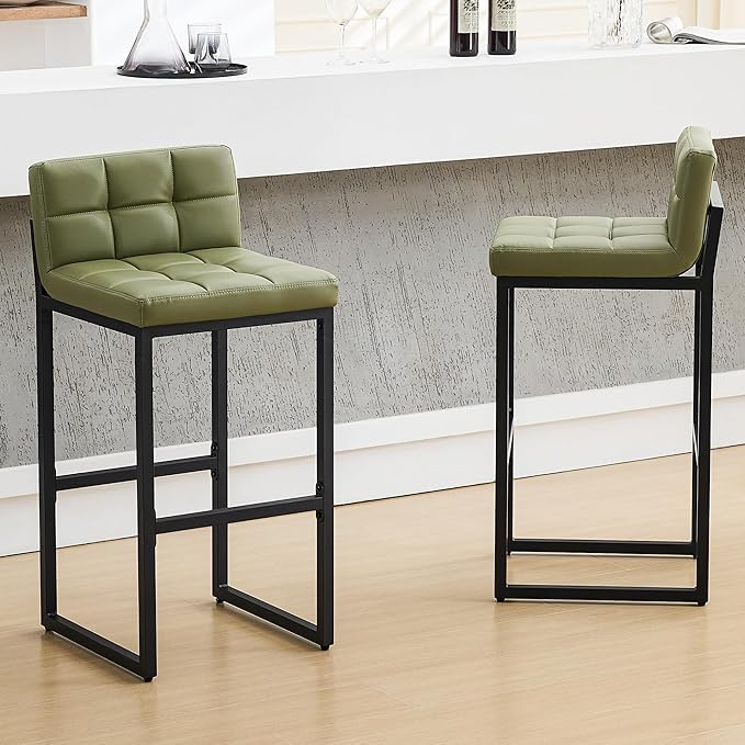 Set of 2 Bar Stools, Modern Counter Stool, Upholstered Faux Leather Barstools with Back, Comfortable 30-inch Seat Height Island Chairs for Kitchen Island (Avocado Green, 2Pcs 30" Bar Stools)
