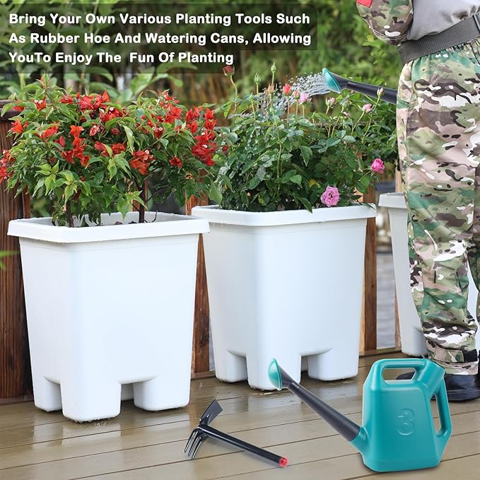 Growing Vegetable Planter Pot 3 Packs, 15 * 14.2 Inches Deep Rectangle Pots for Vegetable Fruit Flower, Large Planters with Trays, for Patio Garden Balcony Home Porch Yard Indoor Outdoor (White)