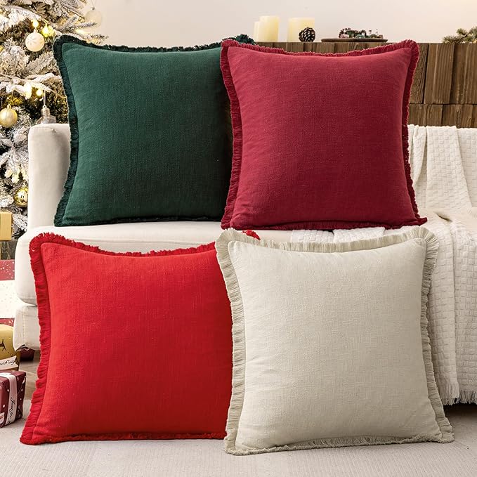 MIULEE Linen Pillow Covers 20x20 Inch Decorative Throw Pillows with Fringe Pack of 4 Soft Farmhouse Boho Couch Pillows Home Decors for Sofa Cushion Living Room Bed Dark Green and Red