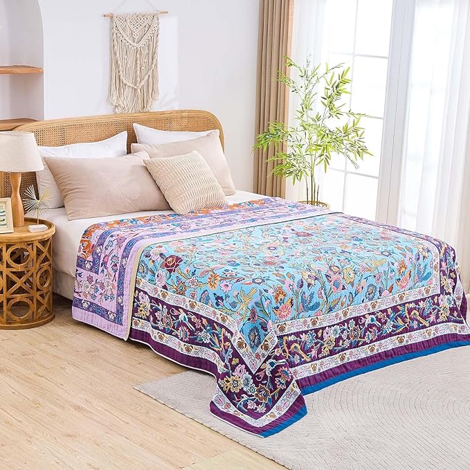 Fall Blanket for Bed, 100% Cotton Soft Rustic Boho Throw Blanket Quilt, 50"x60" Farmhouse Decor Bed Flower Blankets, Light Weight Reversible Bohemian Throw Quilt