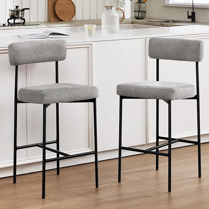 Counter Height Bar Stools Set of 4, Modern Upholstered Bar Stools with Back, Linen Counter Height Chairs with Metal Legs and Padded Cushion for Kitchen Island, Home Pub and Bars, Gray