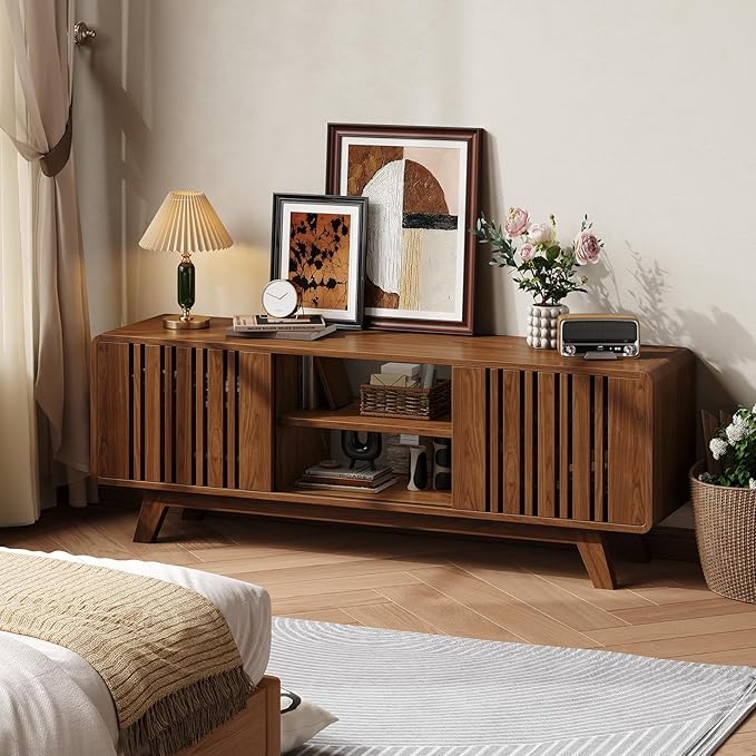 ONBRILL 63-Inch TV Stand for TVs up to 75 Inch, Mid-Century Modern Television Stand with Power Outlet, Entertainment Center with Sliding Grille Door Cabinets and Open Shelves for Living Room, Walnut